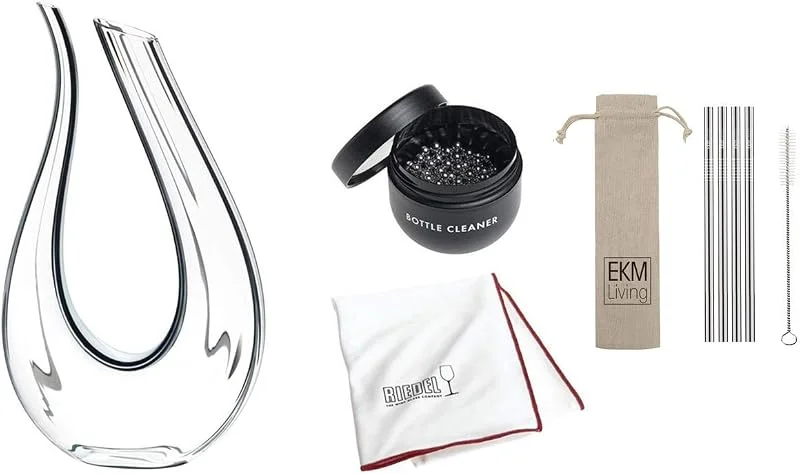 Besuche den RIEDEL-Store RIEDEL Decanter Vorteilsset, Dekanter, Weindekanter Amadeo Fatto A Mano Black, White, Black Optical + Gratis Reinigungstuch 5010, 07, Reinigungsperlen 0010, 05 und 4er Set EKM Living Edelstahl Trinkhalme — Wein und Festtafel
