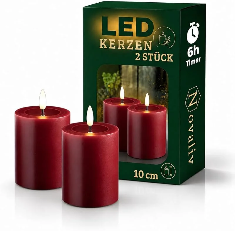 Besuche den Novaliv-Store 2er Set Stumpenkerzen LED rot klein - Echtwachskerze mit beweglicher Flamme flackernd mit Echtwachspiegel - Timerfunktion für 6 Stunden warmweißes Licht 7, 5cm ø 10cm Höhe - 2 AA Batterien nötig — Kerzenlicht Abendessen