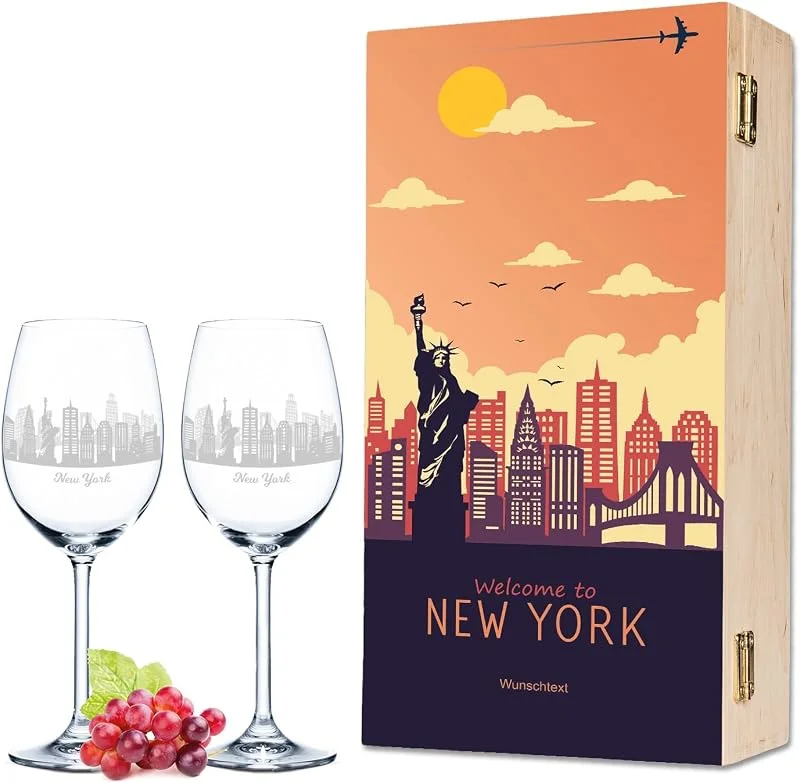 Besuche den GRAVURZEILE-Store GRAVURZEILE Weingläser mit Skyline New York Gravur als Set inkl. bedruckter Holzkiste Weingeschenk - Souvenir Andenken & Mitbringsel - Geburtstagsgeschenk für Sie & Ihn — Wein und Festtafel