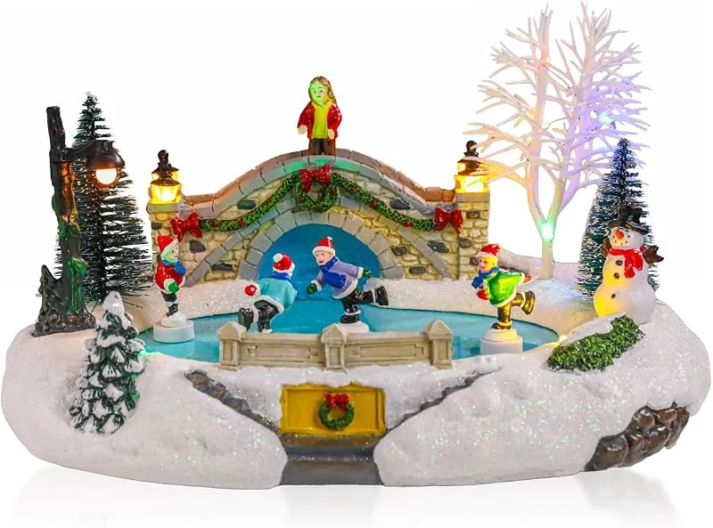 Marke: Bdor Bdor Weihnachtsdorf beleuchtete Dekoration, musikalisch, animiertes Display, Weihnachts-Sammelstück, Skaten, batteriebetrieben, Innendekoration — Weihnachtsdeko