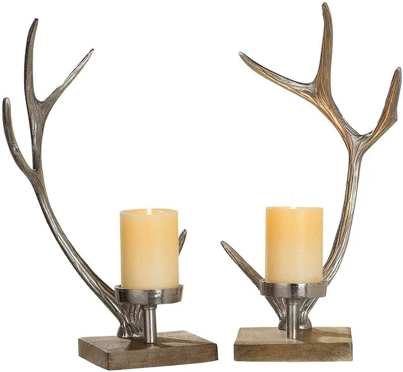 Besuche den SID-Store GILDE Kerzenständer Geweih aus Aluminium mit Holzfuß, 41, 5x19, 5x14 cm, Silber, 2-teiliges Set — Kerzenlicht Abendessen