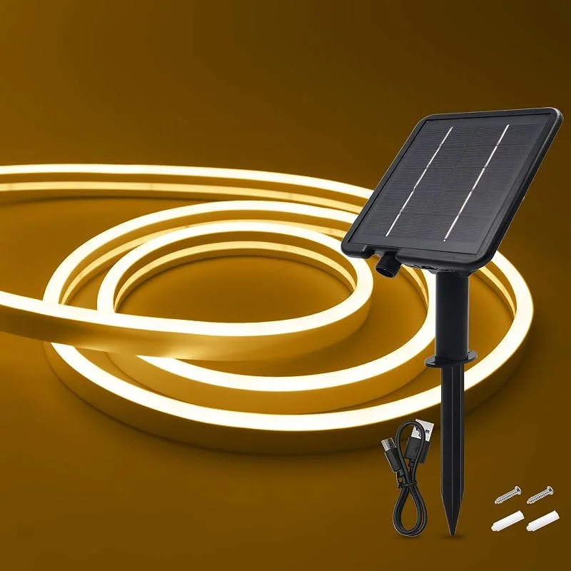 Marke: HEGEHE Solar LED Strip, Solarbetriebene Neon LED Streifen Außen, 120leds, m, 8 Modi, Schneidbar, IP65 Wasserdicht Diffusion Flex LED Schlauch Band für Garten, Balkon, Treppe (Warmweiß, 2M) — Weihnachtsbeleuchtung