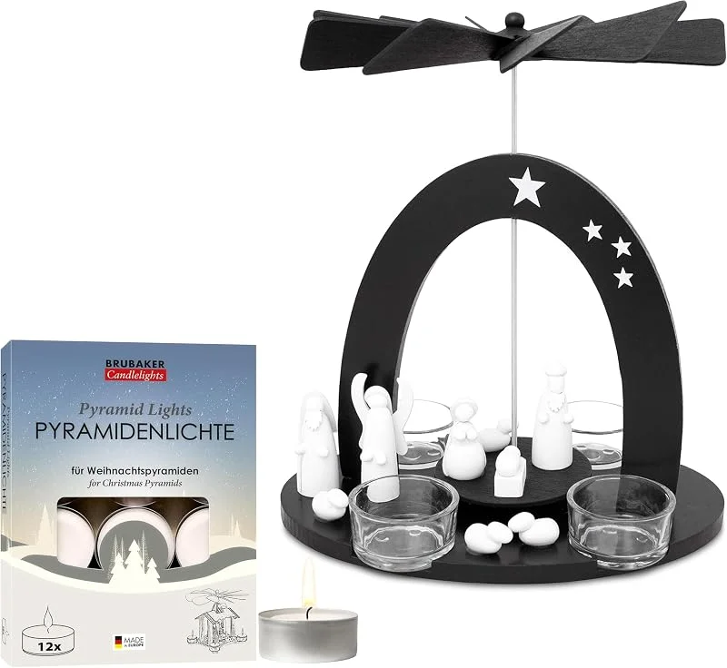 Besuche den BRUBAKER-Store BRUBAKER Weihnachtspyramide Schwarz inkl. 12er Pack Pyramiden-Teelichter - 22 cm Teelichtpyramide aus Holz und Glas - Tischpyramide für Weihnachten - Maria, Josef und Jesus — Weihnachtsdeko