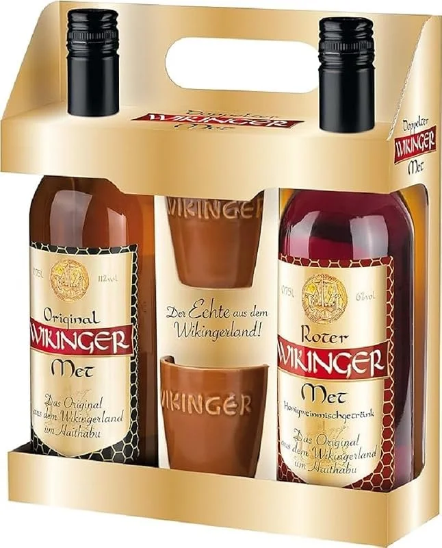 Besuche den Original Wikinger Met-Store Wikinger Met Geschenkset, Original & Roter Honigmet, 2 x 0, 75 L + 2 Becher, 6% Vol., 11% Vol — Wein und Festtafel