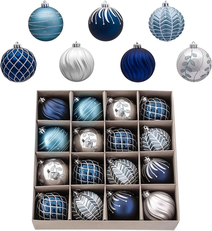 Besuche den Valery Madelyn-Store Valery Madelyn Weihnachtsschmuck-Set, 16 Karat, marineblau und silber, bruchsicher, Herbst-Weihnachtsbaumschmuck, Kugel-Ornamente, 6 cm, elegante hängende Ornamente für Weihnachtsbäume — Weihnachtsdeko