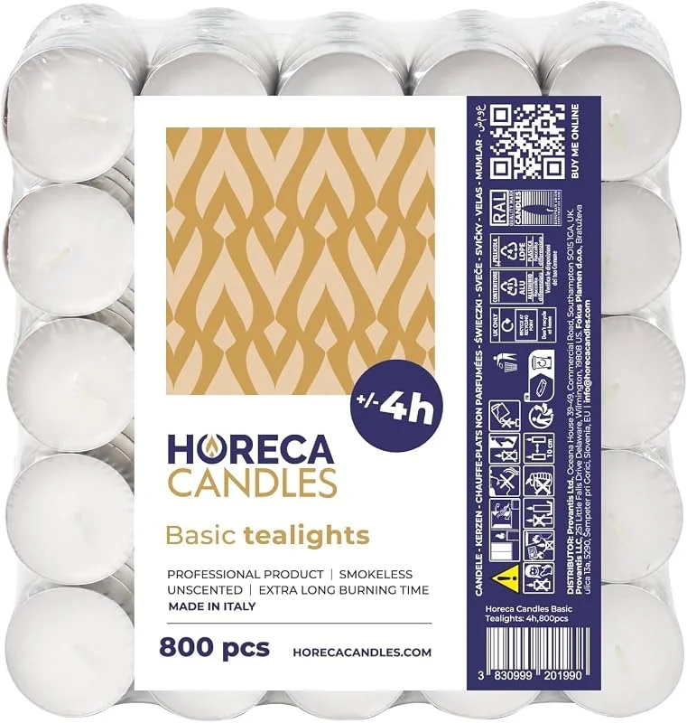 Besuche den HORECA CANDLES-Store Horeca Candles - Teelichter mit 4 Stunden Brenndauer - 800 Stück, Weiß - Ohne Duft - Paraffinwachs - Hochzeit, Dekorieren, Feiern, Entspannen, Party — Kerzenlicht Abendessen