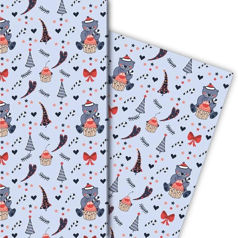 Besuche den Kartenkaufrausch-Store Leckeres Weihnachts Geschenkpapier Set (4 Bogen), Dekorpapier, Papier zum Einpacken mit naschendem Teddybär für tolle Geschenk Verpackung und Überraschungen 32 x 48cm — Geschenkverpackung