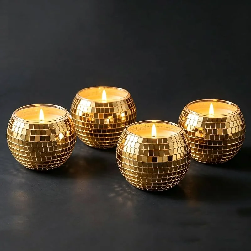 Besuche den Qiumyanlod-Store 4 Stück Disco Teelichthalter aus Glas, Discokugel Kerzenhalter, Kerzenständer, Kerzenhalter, Votivkerzenhalter für Tischdekoration, Hochzeit, Geburtstag, Party (Gold, 3 * 4 * 4 Zoll) — Kerzenlicht Abendessen
