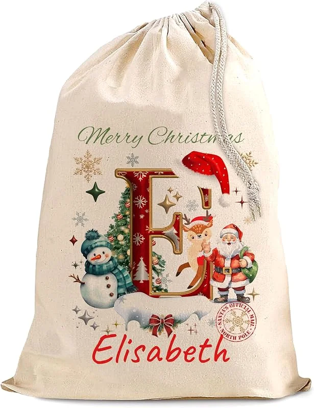 Marke: EMIT PRINT Personalisierter Weihnachtsmann Sack XL (50x75cm) - Hochwertiger Weihnachtssack aus Baumwolle mit Individuellem Buchstaben & Namen und Sicherem Kordelzug, Weihnachts Geschenk für Kinder — Weihnachtsdeko