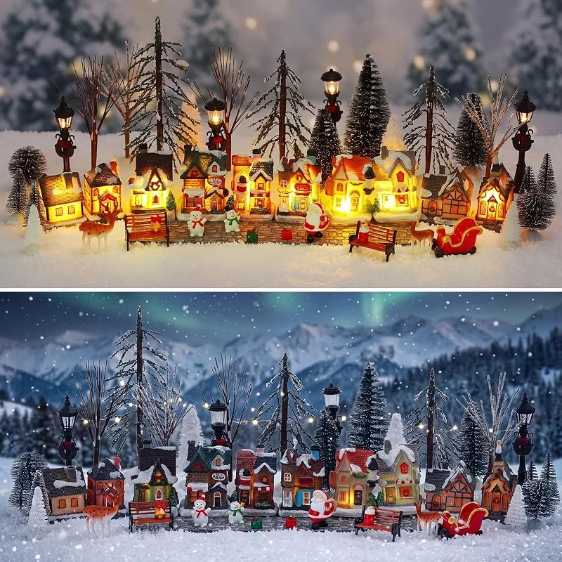 Marke: Queekay Queekay 48-teiliges beleuchtetes Weihnachtsdorf-Set mit LED-Häusern, Mini-Zubehör, DIY-Weihnachtsdorf mit Baum, Hirsch, Straßenlaterne, Bank, Tischdekoration (klassisch, mehrfarbig, Harz, gemischte — Weihnachtsdeko