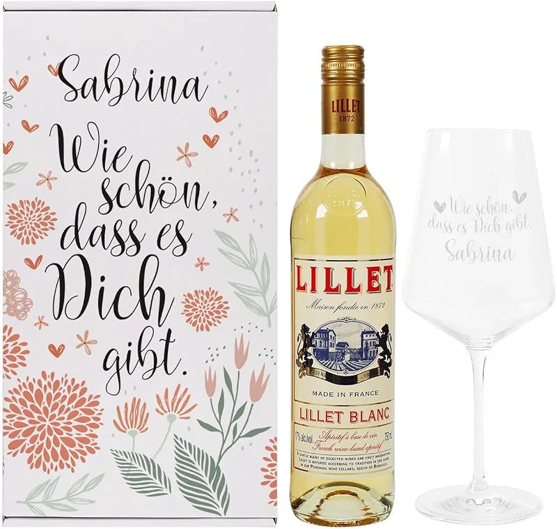 Besuche den Herz & Heim-Store Herz & Heim® Geschenkset "Wie schön dass es Dich gibt" mit Geschenkbox, Weinglas und 1 Flasche Lillet, personalisiert Blanc — Geschenkverpackung