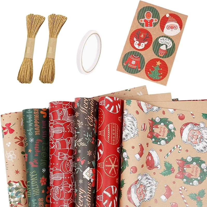 Marke: StaZamor 6 Blatt 19, 69 x 27, 56 Zoll lustiges Weihnachts-Geschenkpapier im Vintage-Stil mit Weihnachtsmann- und Schneeflockenmuster, festliches Geschenkpapier für Blumen, Stil 1 — Geschenkverpackung