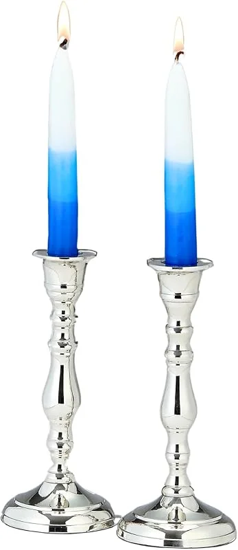 Marke: Rite Lite Shabbat Kerzenhalter, 2er-Set, vernickeltes Aluminium, elegantes Judaica-Shabbos-Geschenk, Gastgeberin, traditioneller Kerzenhalter, 17, 8 cm hoch (klassisches Konturendesign) — Kerzenlicht Abendessen