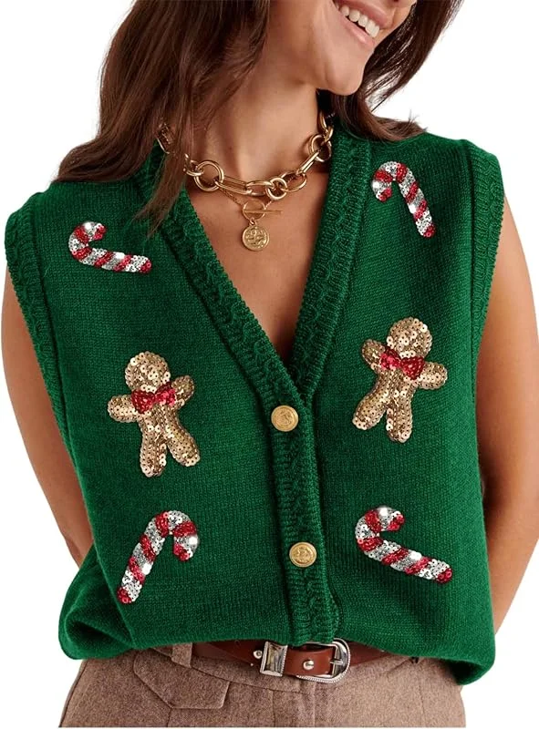Marke: ensswliz Damen Ugly Christmas Sweater Weste Pailletten Stickerei Santa Print Weste — Weihnachtsmode