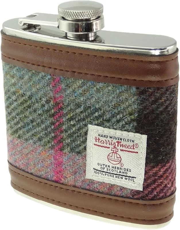 Marke: Glen Appin Glen Appin of Scotland Harris Tweed Hunting Flask - Edelstahl Flachmann Set mit Harris Tweed Cover, Trichter & Tassen - Luxus Schottisches Geschenk für Männer & Frauen (Farbe 137 Grün, Rosa Kariert) — Geschenkverpackung