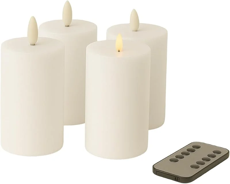 Besuche den Fachhandel Plus-Store LED Kerzen mit Timer – Stumpenkerzen aus Echtwachs mit 3D Flamme & Fernbedienung – LED Echtwachskerzen in verschiedenen Farben & Größen – Ø 6, 5, 7, 5 cm (Weiß, 10 x 6, 5 cm) — Kerzenlicht Abendessen