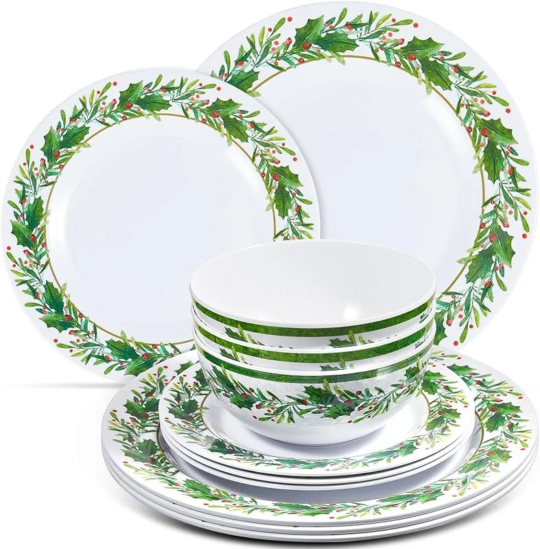 Marke: Ziliny Ziliny 30-teiliges Weihnachts-Melamin-Geschirr-Set, 10 Stück 27, 9 cm Speiseteller, 20, 3 cm Teller, 15, 2 cm Suppenschüsseln, Stechpalmenblatt-Weihnachtsgeschirr, Geschenk für Zuhause, Weihnachtsfeier — Advent und Tisch