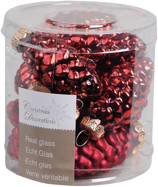 Marke: Kaemingk Glas-Tannenzapfen, 60 mm, Glanz, matt, 12 Zapfen, Dose, Ochsenblut — Weihnachtsdeko