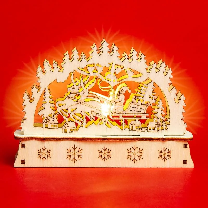 Besuche den SIKORA-Store SIKORA LB-MINI Mini Schwibbogen aus Holz mit LED Beleuchtung - Farbe:Motiv Weihnachtsmann mit Rentierschlitten — Weihnachtsdeko