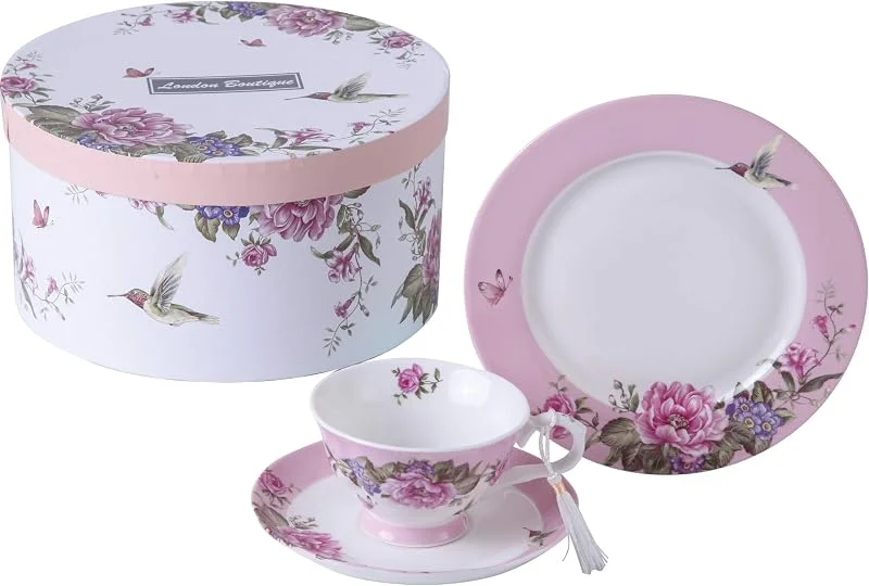 Besuche den London Boutique-Store Kaffeetasse und Untertasse, 19, 1 cm, Dessertteller, Shabby Chic, Vintage, Porzellan, Vogel, Schmetterling, Blumen, Geschenkbox (Rosa) — Geschenkverpackung