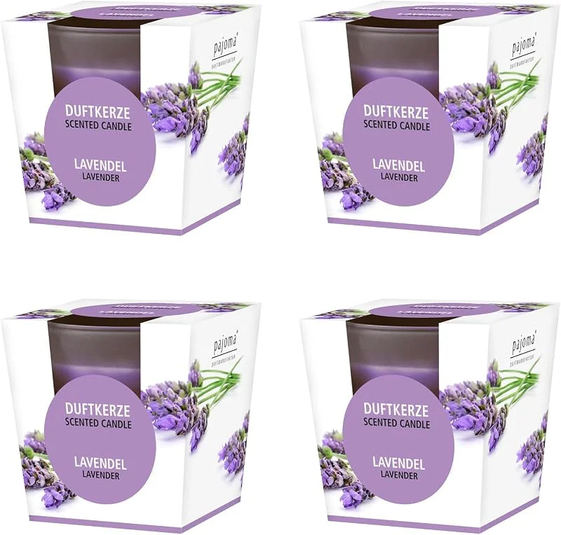 Besuche den pajoma-Store pajoma® Duftkerze 4er Set, Lavendel - im satinierten Glas, 4x 120g Wachsgewicht, Brenndauer: 25 Stunden, in edler Geschenkverpackung, Premium Qualität — Kerzenlicht Abendessen