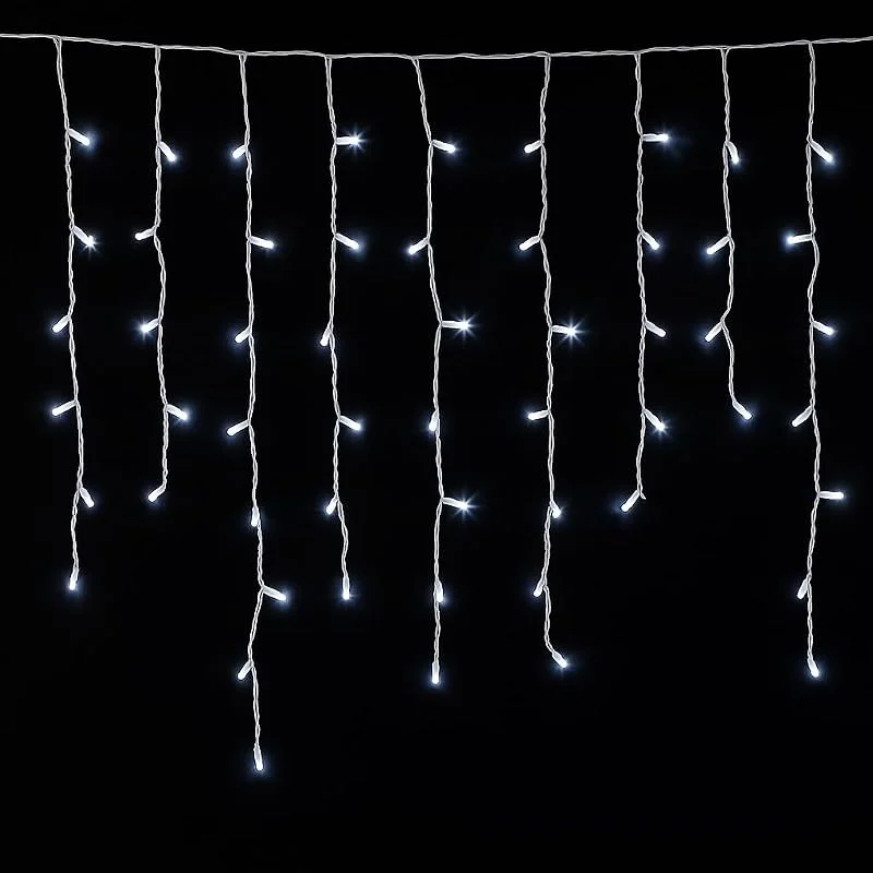 Marke: IXTRIMA Lichtervorhang mit 200 LEDs, 5 m, weißes Kabel, IP65, verlängerbar, mit hängenden Drähten in abwechselnden Längen (30 – 70 – 40 – 60 cm) für Wasserfall-Effekt — Weihnachtsbeleuchtung