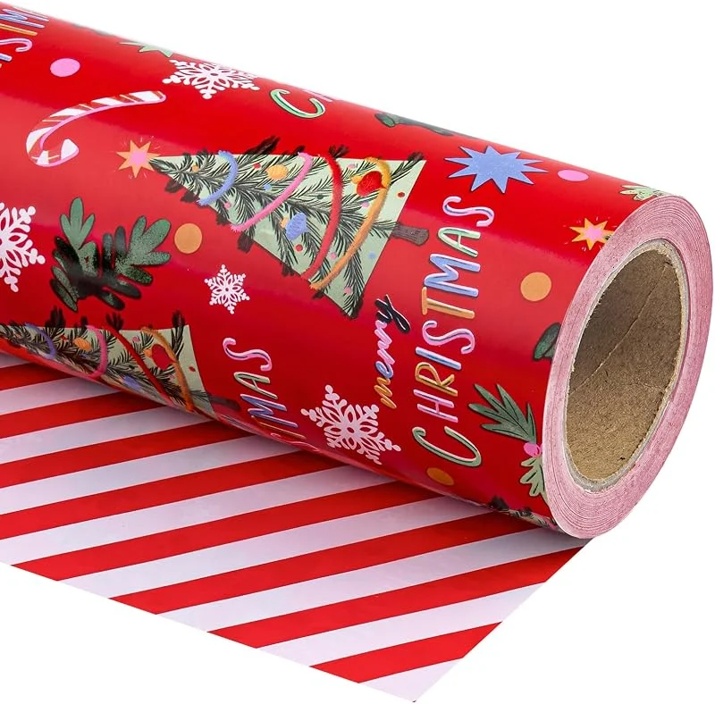 Marke: WRAPAHOLIC WRAPAHOLIC Wendbares Weihnachts-Geschenkpapier – Mini-Rolle – 43 cm x 90 cm – roter Weihnachtsbaum und Streifen-Design für Weihnachten, Urlaub, Party Feier — Geschenkverpackung