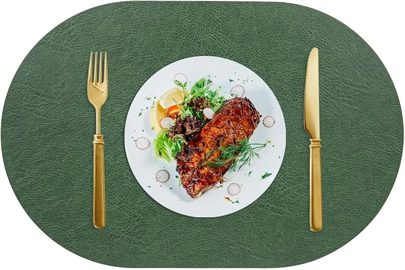 Besuche den Epinki-Store Epinki 2er Set Tischsets Platzsets Retro Vintage Oval 30x45CM, PVC Leder Platzset Elegant Umkehrbar Einfarbig Rindsleder Textur, Tischuntersetzer Abwaschbar Grün Grau für Restaurant — Küche & Haushalt
