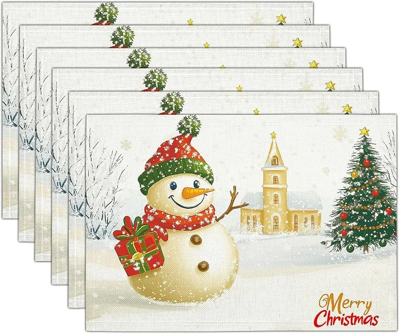 Marke: GDJSMIN 2er Set Weihnachten Platzsets, Weihnachtsszenerie Platzset, Niedliche Schneemann-Illustrationen Tischsets für Winter Urlaub Bankett Platzdeckchen Zuhause Küche Party Deko Weihnachtsdeko, 40 x 35cm — Küche & Haushalt