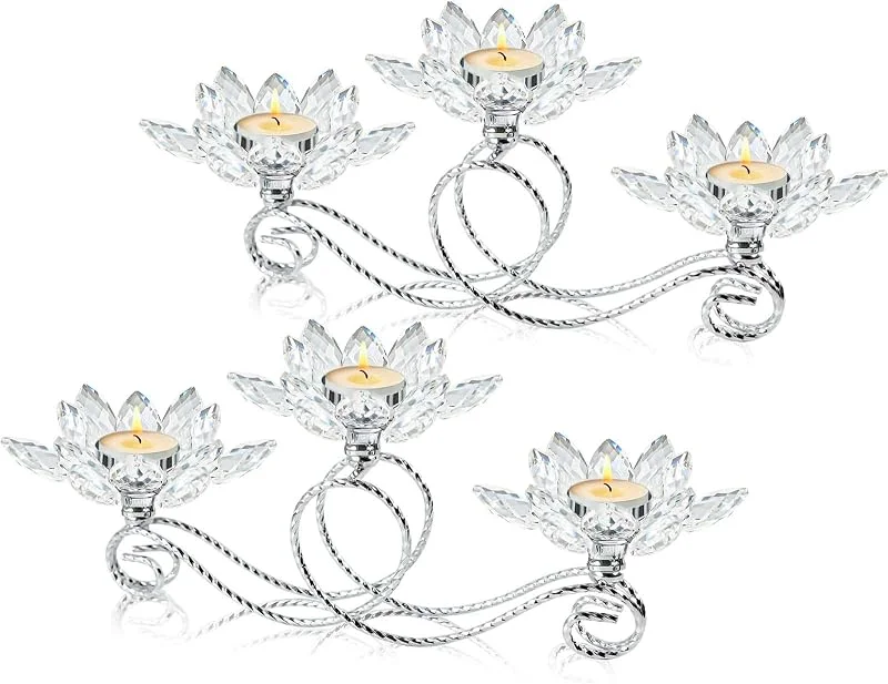 Marke: kehail Teelichthalter mit 3, 5 Armen, Kristall-Lotus-Design, Metall, Votivkerzenhalter, Stumpenkerze, Lotus-Kerzenhalter, geeignet für Hochzeitstisch, Wohnzimmer, Kamin (Silber, 2 Stück - 3 Arme) — Kerzenlicht Abendessen