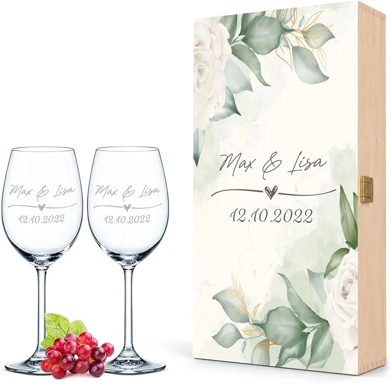 Besuche den GRAVURZEILE-Store GRAVURZEILE Rotweingläser mit Gravur - Wedding Love - inkl. Holzkiste — Wein und Festtafel