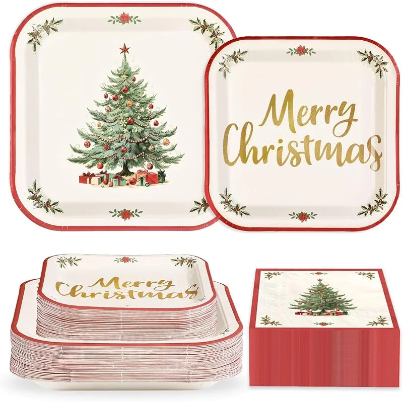 Marke: Grencian Grencian 200 Stück Weihnachtsfeier-Dekorationen, Weihnachtsbaum, rote Bordüre, Teller und Servietten, Vintage-Weihnachtsbaum-Geschirr-Sets für Weihnachten, Winterurlaub, Abendessen, Partyzubehör, 50 — Advent und Tisch