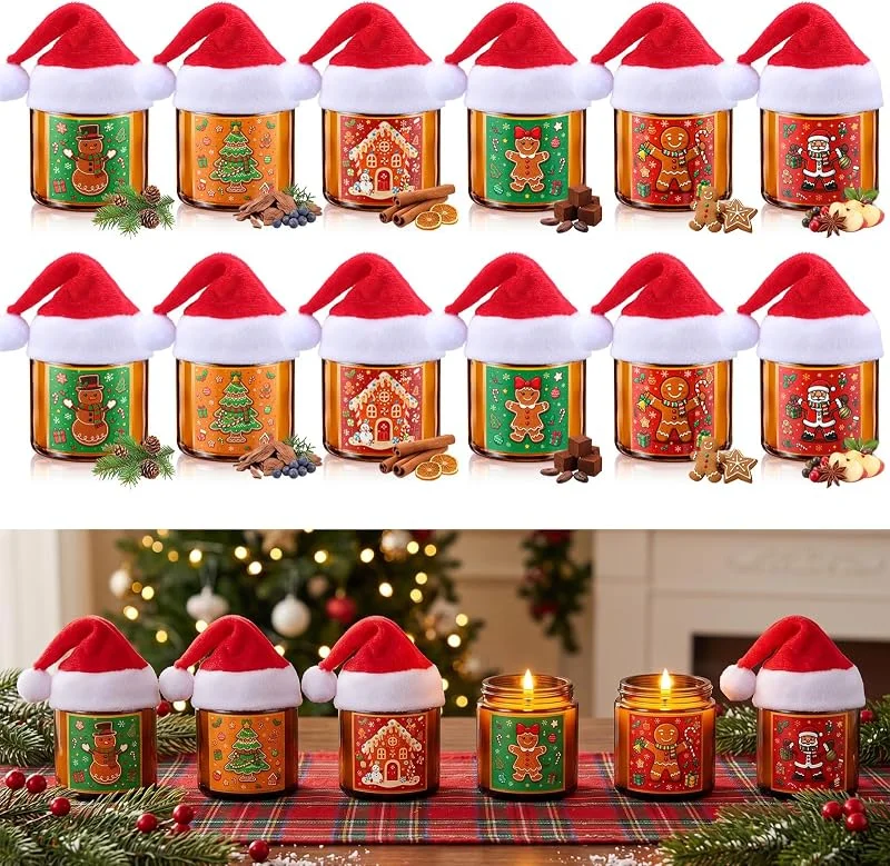 Marke: Conelist Conelist 24 Stück Weihnachts-Duftkerzen im Glas mit Weihnachtsmütze — Kerzenlicht Abendessen