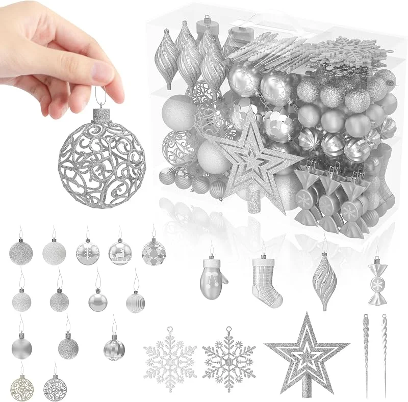Besuche den FIVMEN-Store FIVMEN Weihnachtskugeln Silber 138er Set Christbaumschmuck Weihnachtsdeko Plastik inkl. Christbaumkugeln, Stern, Schneeflocke Weihnachtsdekoration Weihnachtsschmuck