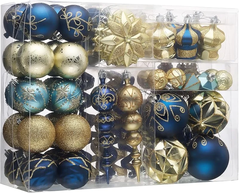 Besuche den Valery Madelyn-Store Valery Madelyn Weihnachtsbaumschmuck-Set, 108 Karat, Blau und Gold, bruchsichere Kugel-Ornamente, Großpackung, luxuriöser Pfau, hängende Dekoration für Weihnachten, Feiertage, Party — Weihnachtsdeko