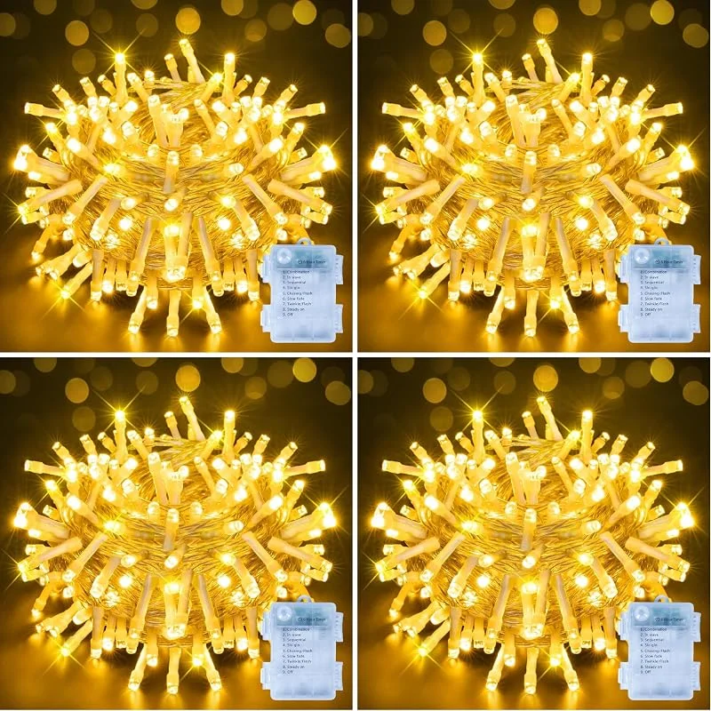 Besuche den Ollny-Store Ollny Lichterkette Außen Batterie 15m, 150 LEDs Warmweiß Timer für Innen (Packung mit 4) — Weihnachtsbeleuchtung