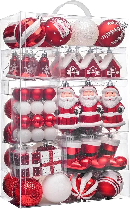 Besuche den Valery Madelyn-Store Valery Madelyn Weihnachtsschmuck-Set, 120 Karat rot und weiß, bruchsicher, Weihnachtsbaumschmuck-Set, traditionelle rote und Silberne dekorative hängende Kugel-Ornamente, Großpackung für Weihnachten — Weihnachtsdeko