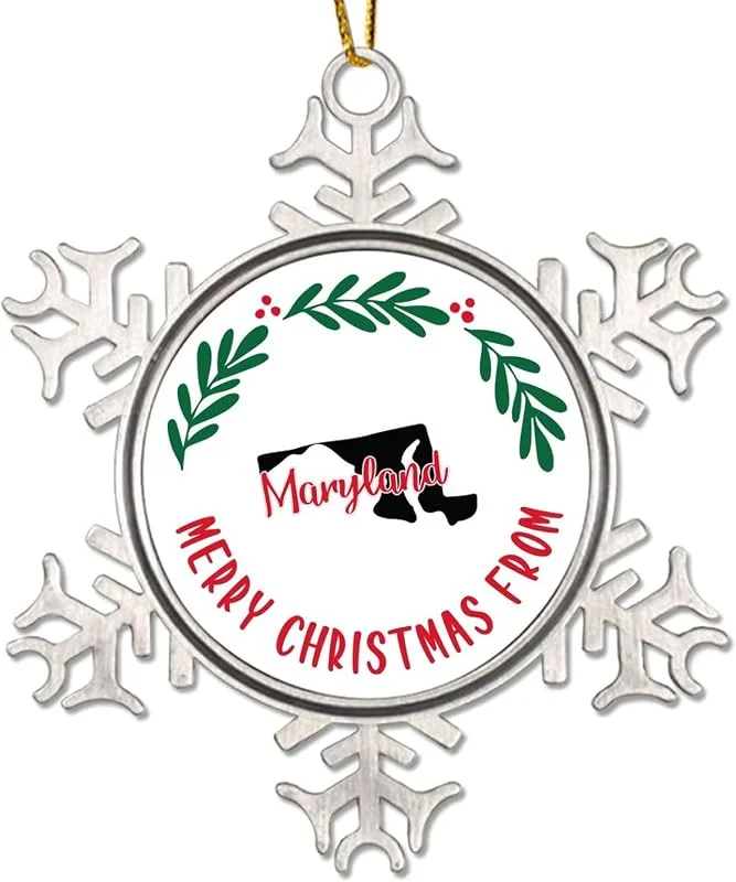 Marke: CowkissSign Merry Christmas From Maryland Christmas Ornament Maryland Weihnachtskranz Christmas Tree Decorations USA Merry Christmas From Maryland State Weihnachten Metall Schneeflocke Ornament — Weihnachtsdeko