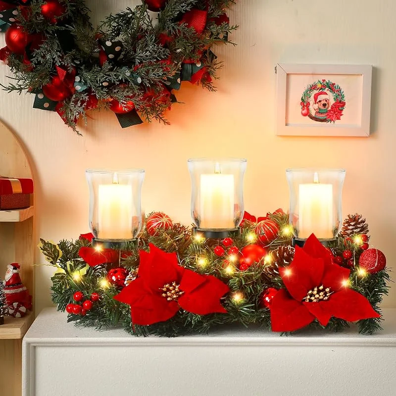 Marke: Sliner Sliner Christmas Poinsettia Candle Holder Centerpiece, Christmas Centerpieces for Tables Christmas Tealight Candle Holders Christmas Glass Candle Holders Romantic Holiday Candelabrum for Table — Kerzenlicht Abendessen