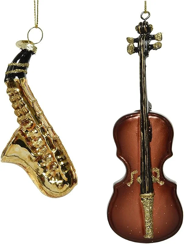 Marke: Decoris Decoris Christbaumschmuck Glas 12cm 2er Set Geige Saxophon Instrumente Weihnachtskugeln braun — Weihnachtsdeko