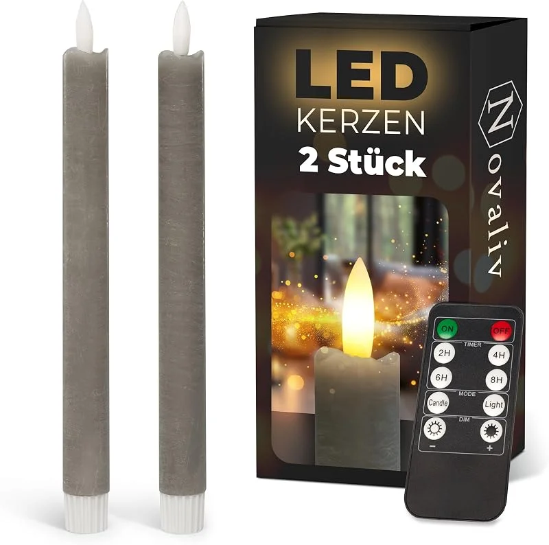 Besuche den Novaliv-Store Novaliv Stabkerzen LED mit Timer Taupe GRAU 2er Indoor mit Timer Funktion 6 Stunden ECHTWACHS 23cm Höhe für Kerzen 2, 2cm Durchmesser 2 AAA Batterien LED Stabkerzen flackernde Flamme bewegliche Flamme — Kerzenlicht Abendessen