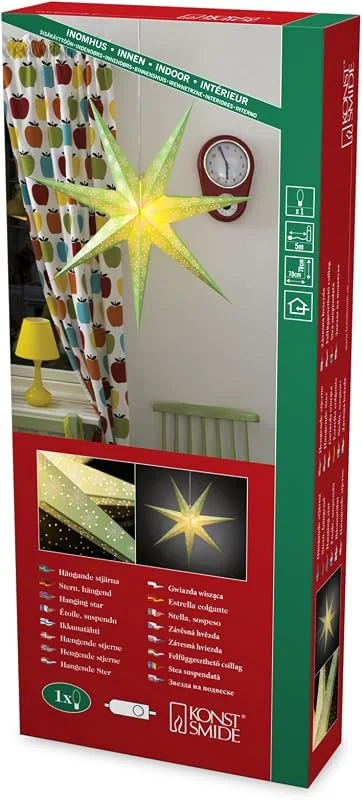 Besuche den Konstsmide-Store Konstsmide Grüner Papierstern, perforiert und mit weiß bedrucktem Muster, 7 Zacken, inkl. Anschlusskabel mit an, aus Schalter, ohne Leuchmittel, E14 Gewinde, 230V, Innen, weißes Kabel - 2933-920 — Weihnachtsdeko