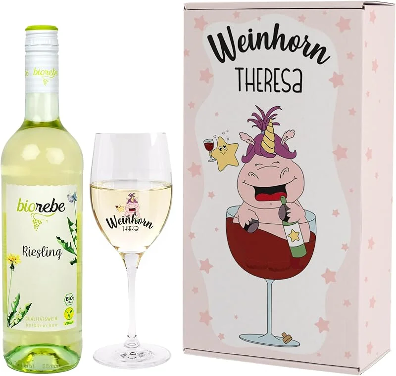 Besuche den Herz & Heim-Store Herz & Heim® Lustiges Party-Geburtstagsgeschenk mit Biorebe Bio-Wein und bedrucktem Leonardo Weinglas in Geschenkverpackung Weiß, Weinhorn — Wein und Festtafel