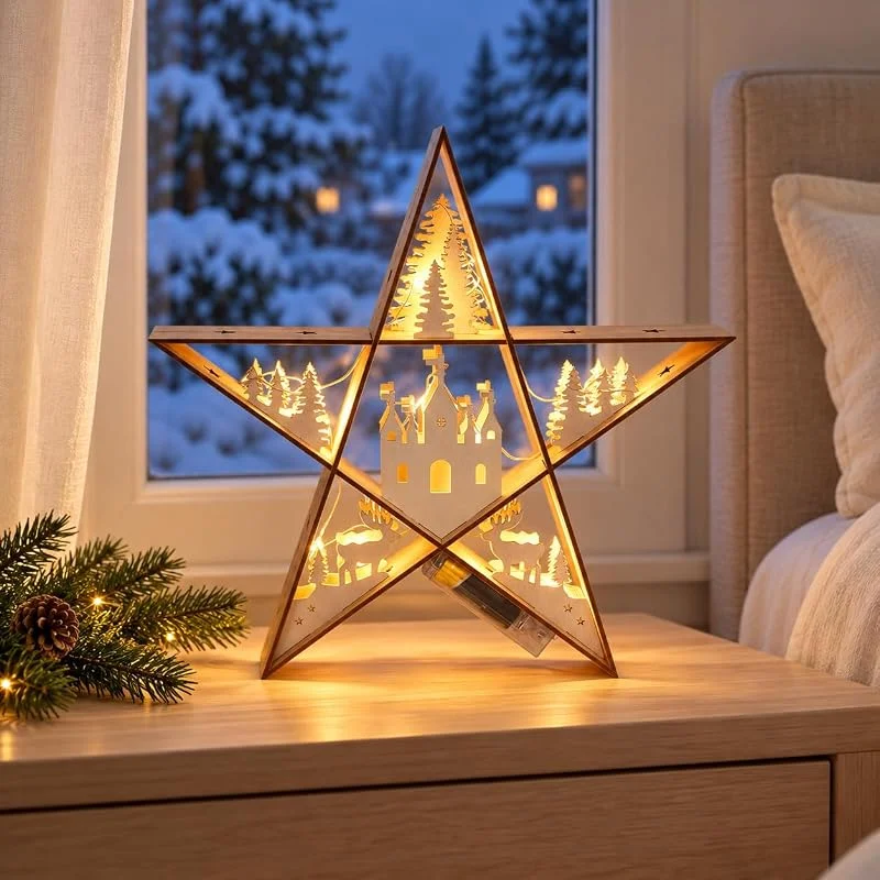 Besuche den SALCAR-Store SALCAR LED Stern aus Holz 30 cm, Weihnachtsdeko Tischleuchte mit Warmweißem Licht, Batterie betrieben, Advent Winter Dekoration für Tisch & Fenster