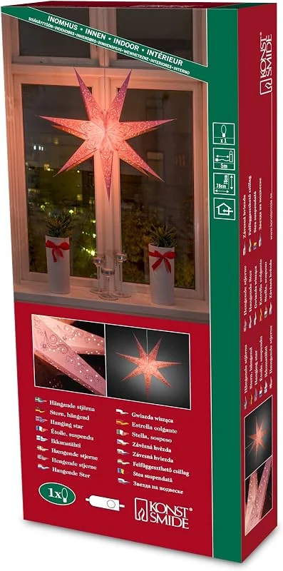 Besuche den Konstsmide-Store Konstsmide Pinker Papierstern, perforiert und pink bestickt, 7 Zacken, inkl. Anschlusskabel mit an, aus Schalter, ohne Leuchtmittel, E14 Lampenhalterung, 230V, Innen, weißes Kabel - 2982-134 — Weihnachtsdeko