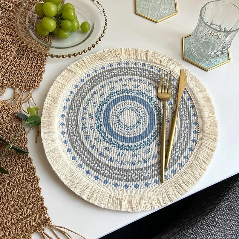 Besuche den Epinki-Store Epinki Weihnachten Tischset Rund, 2er Set Polyester Baumwolle Platzsets Weihnachten Modern Böhmen Anti-Rutsch, Tischuntersetzer Boho Beige Blau Grau für Küche Speisetisch, 33CM — Küche & Haushalt