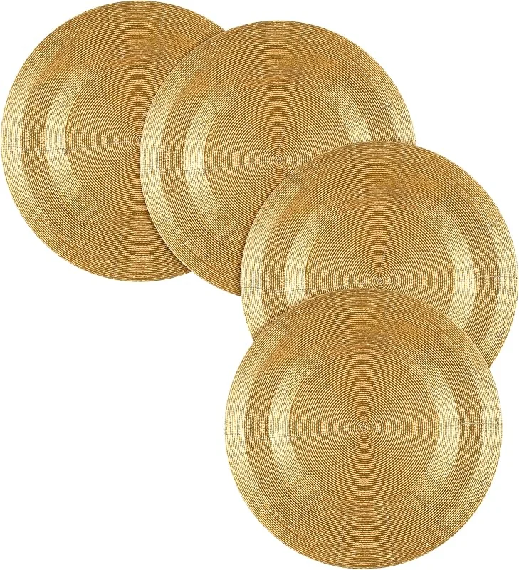 Marke: Bedding Craft Tischset mit Perlen, Bauernhaus-Perlen, schwarz, 33 cm, rund, Set mit 4 goldfarbenen, Ladegerät, handgefertigt von erfahrenen Handwerkern – eine schöne Ergänzung für Ihre Esstischdekoration — Küche & Haushalt