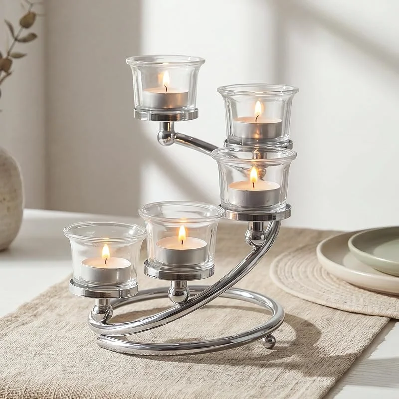 Marke: kolnlala Teelichthalter aus Metall und Glas, silberfarben, 5-armig, für Tischdekoration, Votivkerzenhalter, Kerzenhalter für Hochzeit, Party, Jahrestag, Weihnachten, 1 Stück — Advent und Tisch