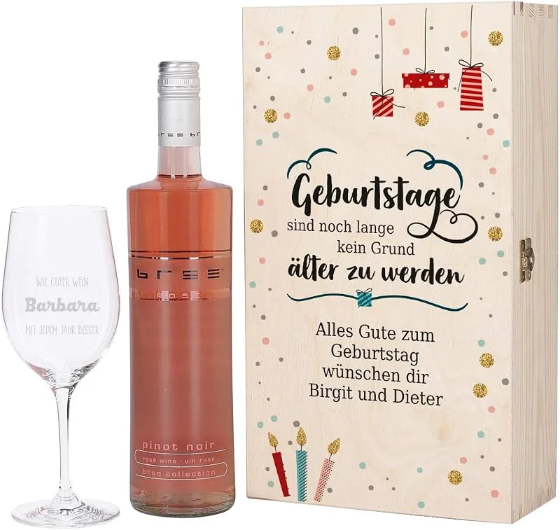 Besuche den Herz & Heim-Store Herz & Heim® Geburtstagsgeschenk mit graviertem Weinglas und Bree Wein zur Auswahl in Präsentbox als Geschenk zum Geburtstag für Frauen und Männer Rosé — Wein und Festtafel