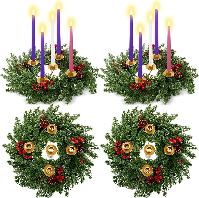Marke: LemonRoad LemonRoad Adventskranz für Weihnachten, 2 Stück, 30, 5 cm, 5 Kerzenhalter, Tischdekoration mit Tannenzapfen, Stechpalmenbeeren, Stiel für Weihnachten, Heimdekoration, Feiertagsparty (Kerzen nicht im — Kerzenlicht Abendessen